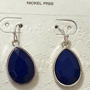 2/$15 Large Silver tone bezel set dark blue teardrop hook earrings